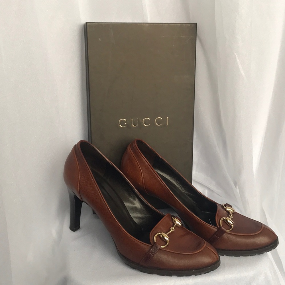 Brown Gucci Heeled Loafers